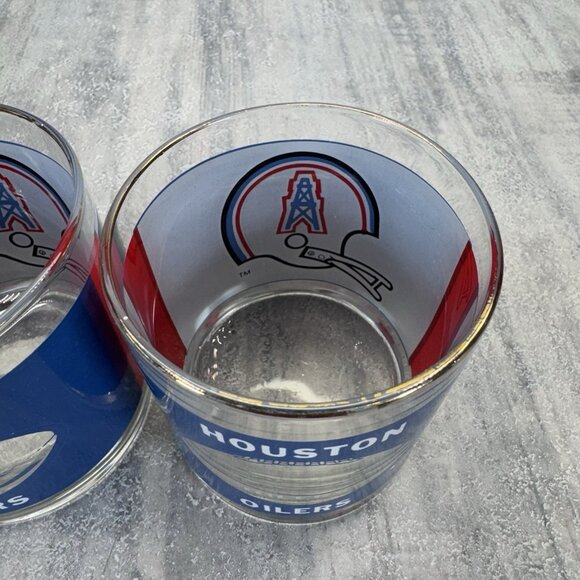Pair of 1980's NFL Houston Oilers NFL Bar Glass Earl Campell Texans Vtg Gold Rim - Picture 5 of 9